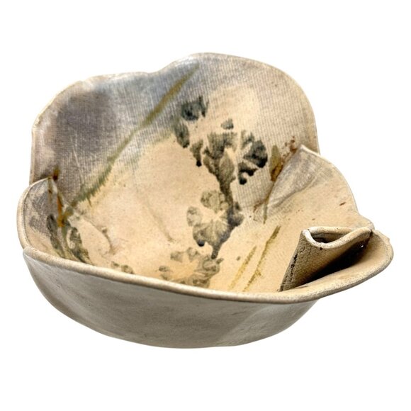 Folded Clay Bowl Studio Pottery Signed by Artist with Painted Florals 6"H X 11" - Picture 3 of 6